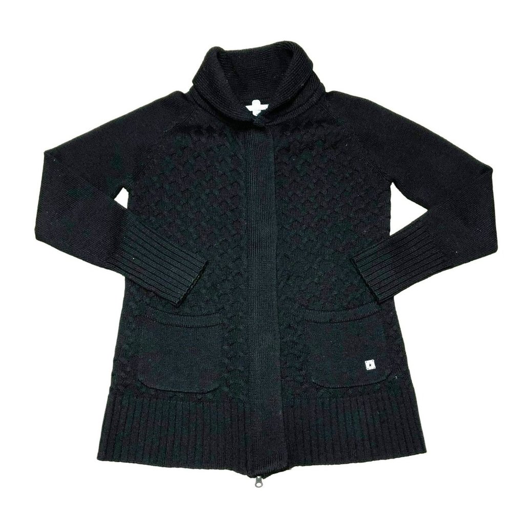 SMARTWOOL HESPERU CARDIGAN SWEATER SZ S BLACK DOUBLE ZIPPER CABLE KNIT WOMENS